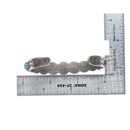 6.6" c1930's Navajo ingot silver stamped turquoise row cuff bracelet