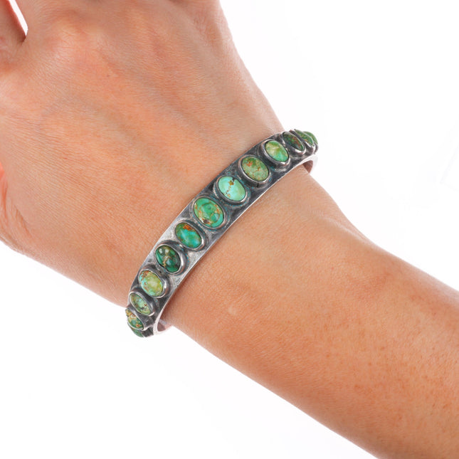 6.85" c1930's Vintage Navajo ingot silver green turquoise row cuff bracelet