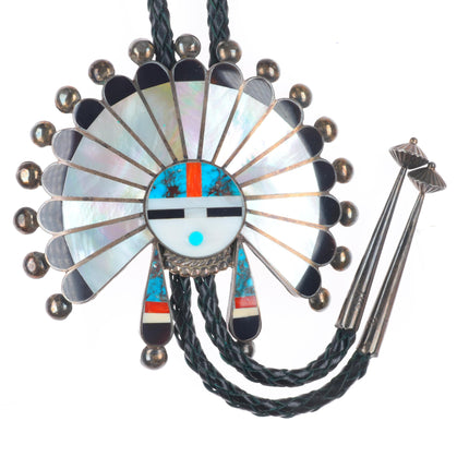 1970 Huge Myra Tucson Zuni high grade turquoise sterling silver sunface bolo tie