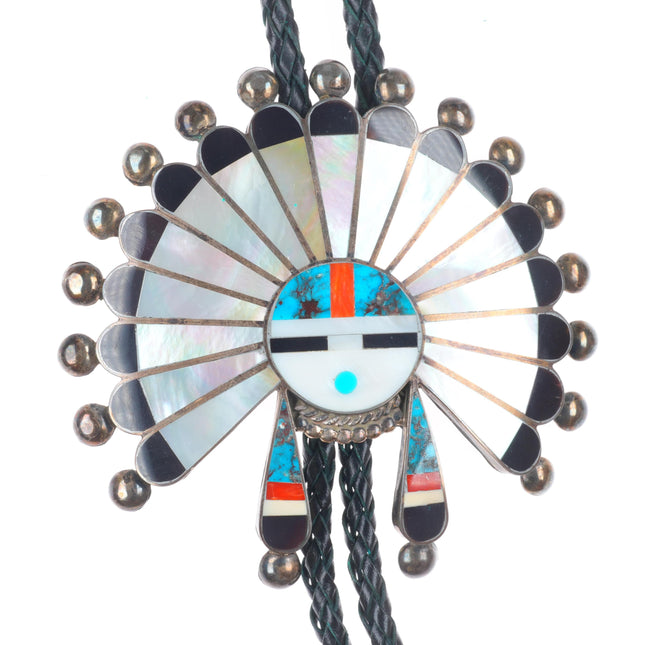 1970 Huge Myra Tucson Zuni high grade turquoise sterling silver sunface bolo tie