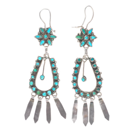 Vintage Zuni sterling silver snake eye turquoise dangle petit point earrings