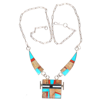 Vintage A Platero Laguna pueblo sterling silver multi-stone inlay yei necklace