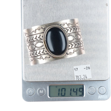 6.4" Rick Enriquez Navajo deep stamped sterling silver onyx cuff bracelet