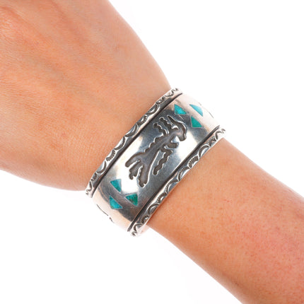 6.1" Vintage Navajo Overlay turquoise inlaid sterling silver heavy cuff bracelet