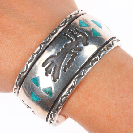 6.1" Vintage Navajo Overlay turquoise inlaid sterling silver heavy cuff bracelet