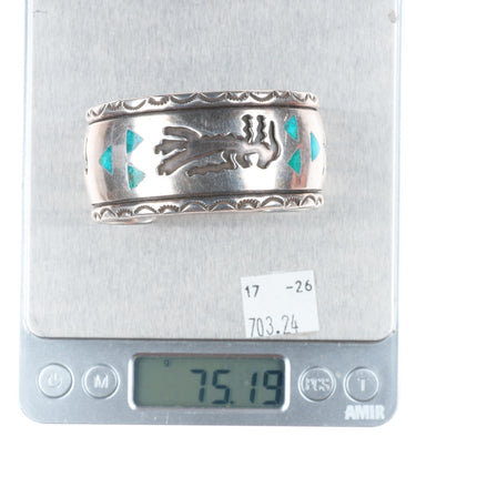 6.1" Vintage Navajo Overlay turquoise inlaid sterling silver heavy cuff bracelet