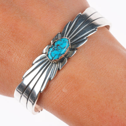 6.25" Ray Bennett Navajo sterling silver spiderweb turquoise cuff bracelet