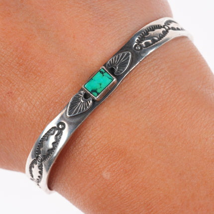 6.2" Albert Jake Navajo sterling silver stamped stacker turquoise cuff bracelet