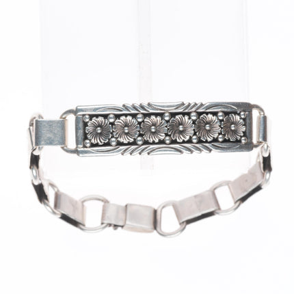 7" vintage Kee Montoya Navajo sterling silver link bracelet with flower bar