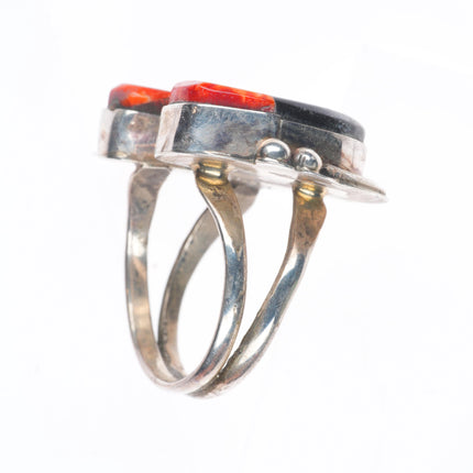 sz11.5 Ray Jack Navajo sterling silver micro-inlay spiny oyster bear ring