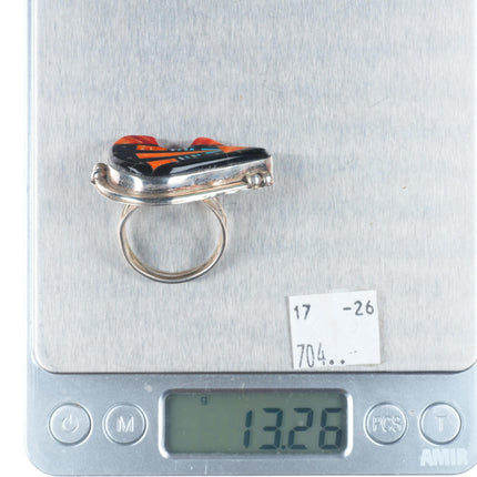 sz11.5 Ray Jack Navajo sterling silver micro-inlay spiny oyster bear ring