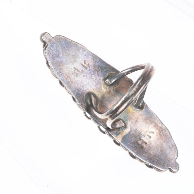 sz8 long vintage zuni sterling silver shell/turquoise/coral/jet inlay ring