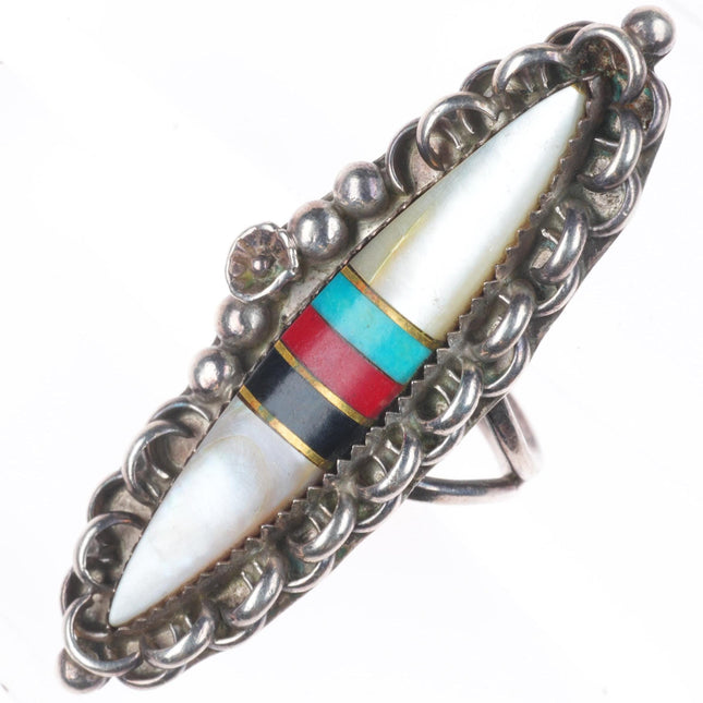 sz8 long vintage zuni sterling silver shell/turquoise/coral/jet inlay ring