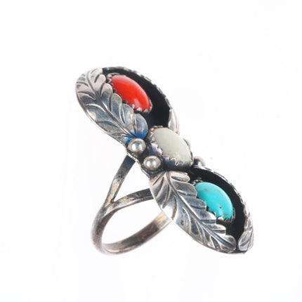 sz8 c1976 Navajo patriotic turquoise/coral/shell sterling silver ring