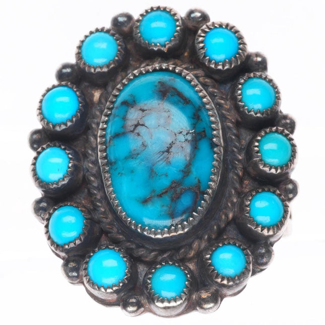 sz7.5 Vintage Navajo or Zuni high grade turquoise satellite ring sterling silver