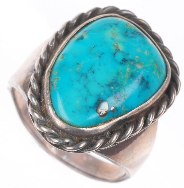 sz12 Vintage Navajo sterling silver rope bezel men's ring with turquoise