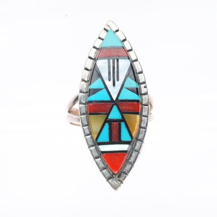 sz8 Eriacho Zuni sterling silver turquoise/coral intarsia inlay ring
