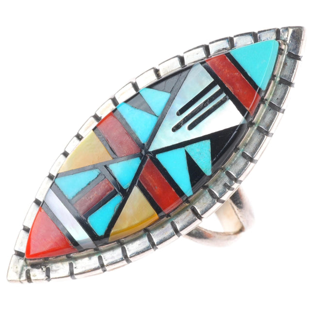 sz8 Eriacho Zuni sterling silver turquoise/coral intarsia inlay ring