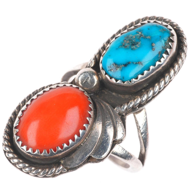 sz7 vintage Navajo sterling silver turquoise and coral two stone long ring