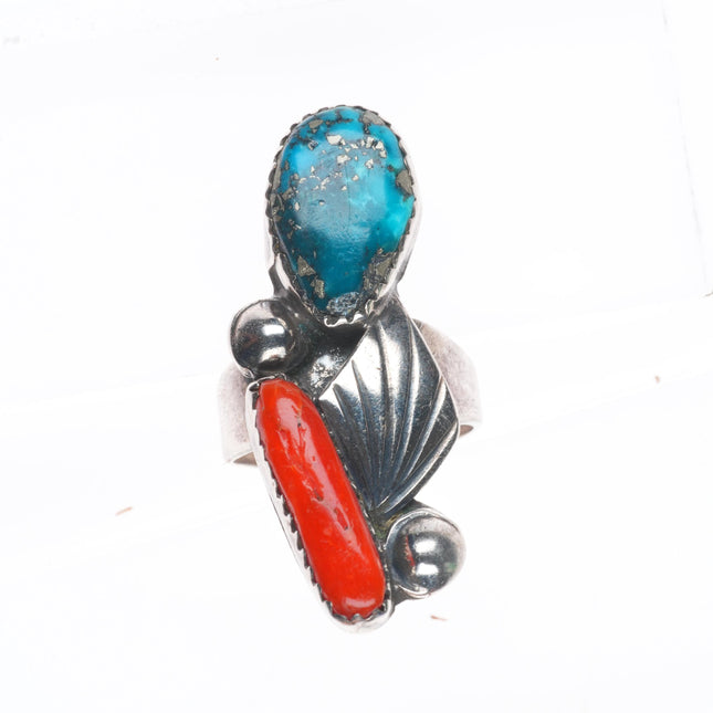 sz6 Vintage Zuni Morenci turquoise/coral sterling silver long ring