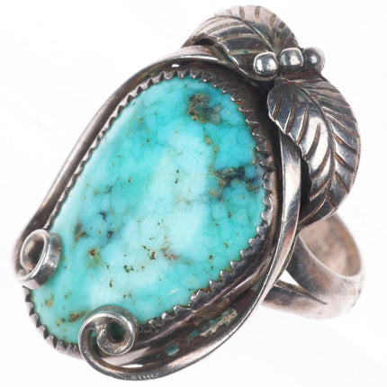 sz9 Vintage Navajo sterling silver feather ring with waterweb turquoise