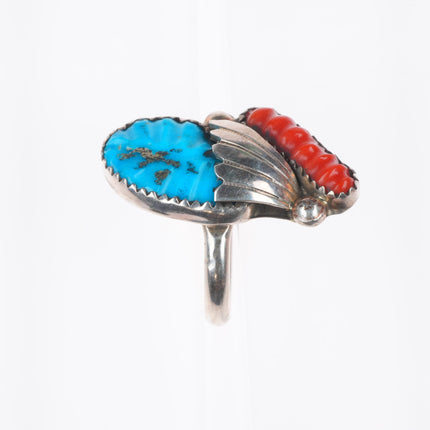 sz8.5 Loyalita Tsatte Zuni sterling silver carved turquoise/coral ring