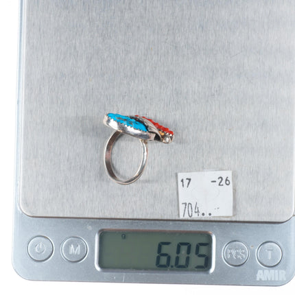 sz8.5 Loyalita Tsatte Zuni sterling silver carved turquoise/coral ring