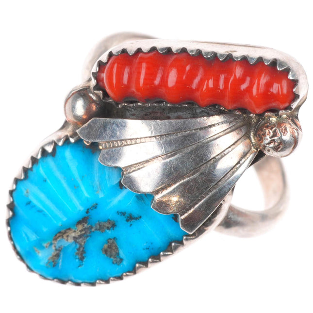 sz8.5 Loyalita Tsatte Zuni sterling silver carved turquoise/coral ring