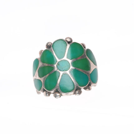 sz8 vintage Zuni sterling silver flush inlay turquoise flower ring