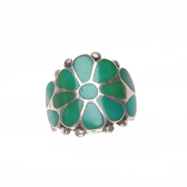 sz8 vintage Zuni sterling silver flush inlay turquoise flower ring