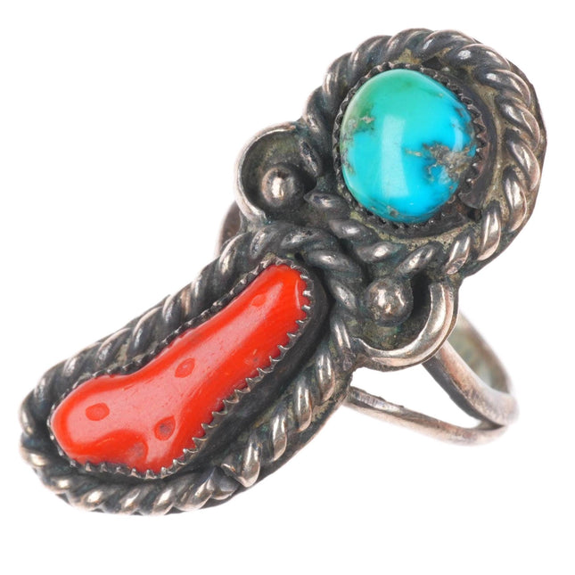 sz5.5 Vintage Navajo sterling silver turquoise and branch coral ring
