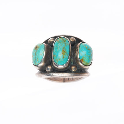 sz8 Vintage Navajo sterling silver three stone row turquoise ring