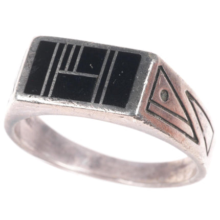 sz12 Ray Tracey Knifewing Navajo sterling silver onyx channel inlay ring