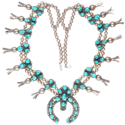 big Vintage Navajo high grade turquoise sterling silver squash blossom necklace
