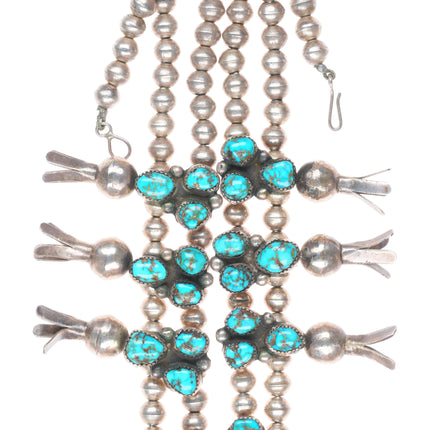 big Vintage Navajo high grade turquoise sterling silver squash blossom necklace