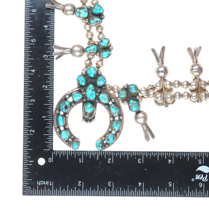 big Vintage Navajo high grade turquoise sterling silver squash blossom necklace