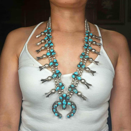 big Vintage Navajo high grade turquoise sterling silver squash blossom necklace
