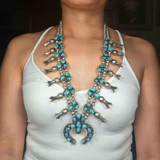 big Vintage Navajo high grade turquoise sterling silver squash blossom necklace