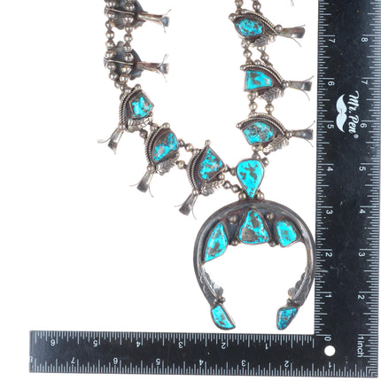 Vintage Navajo Morenci turquoise sterling silver squash blossom necklace