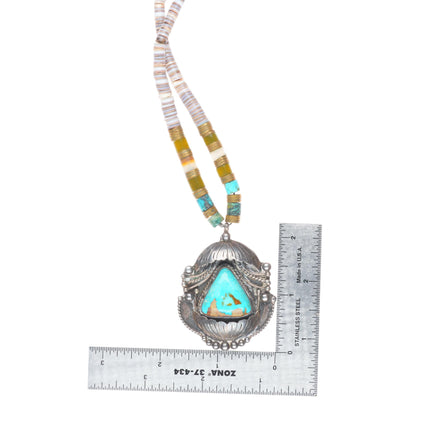 Vintage Ivan V Navajo sterling silver/turquoise pendant on Shell/brass Heishi