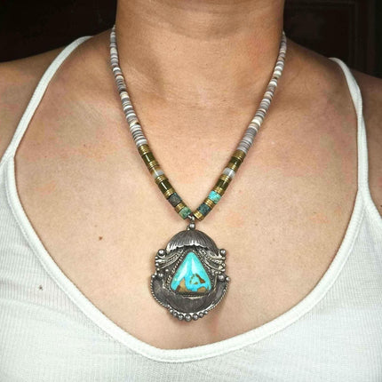 Vintage Ivan V Navajo sterling silver/turquoise pendant on Shell/brass Heishi