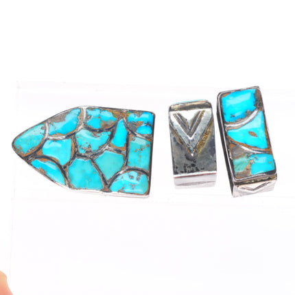 c1950 Vintage Navajo sterling silver inlaid turquoise ranger belt buckle set