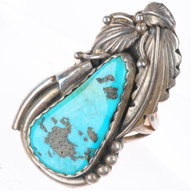 sz11 Big vintage Navajo sterling silver pear shaped turquoise men's ring