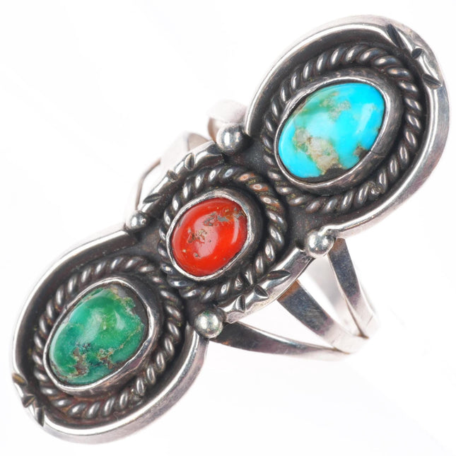 sz11 long vintage Navajo sterling silver green/Blue/coral turquoise ring