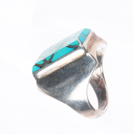 sz12 Heavy Vintage Dickie & Amy Quandelacy sterling silver inlay turquoise ring