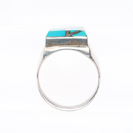 sz12 Heavy Vintage Dickie & Amy Quandelacy sterling silver inlay turquoise ring