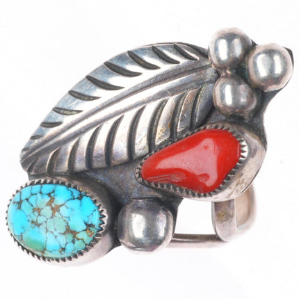 sz7.5 Lewis Lomay Hopi sterling silver spiderweb turquoise/coral feather ring
