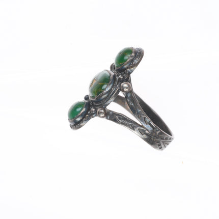 sz8 c1930's Cerrillos greasy green turquoise Fred Harvey sterling silver ring