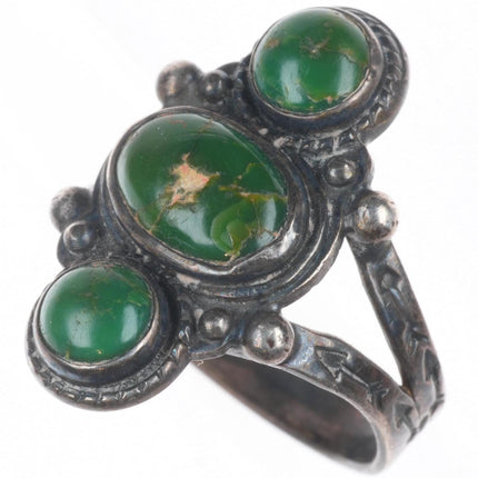 sz8 c1930's Cerrillos greasy green turquoise Fred Harvey sterling silver ring