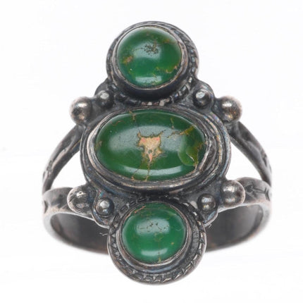sz8 c1930's Cerrillos greasy green turquoise Fred Harvey sterling silver ring